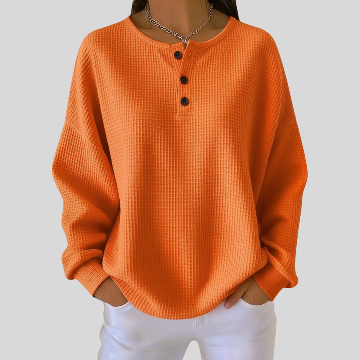 Sweter Henley o Splocie Waflowym z Długim Rękawem