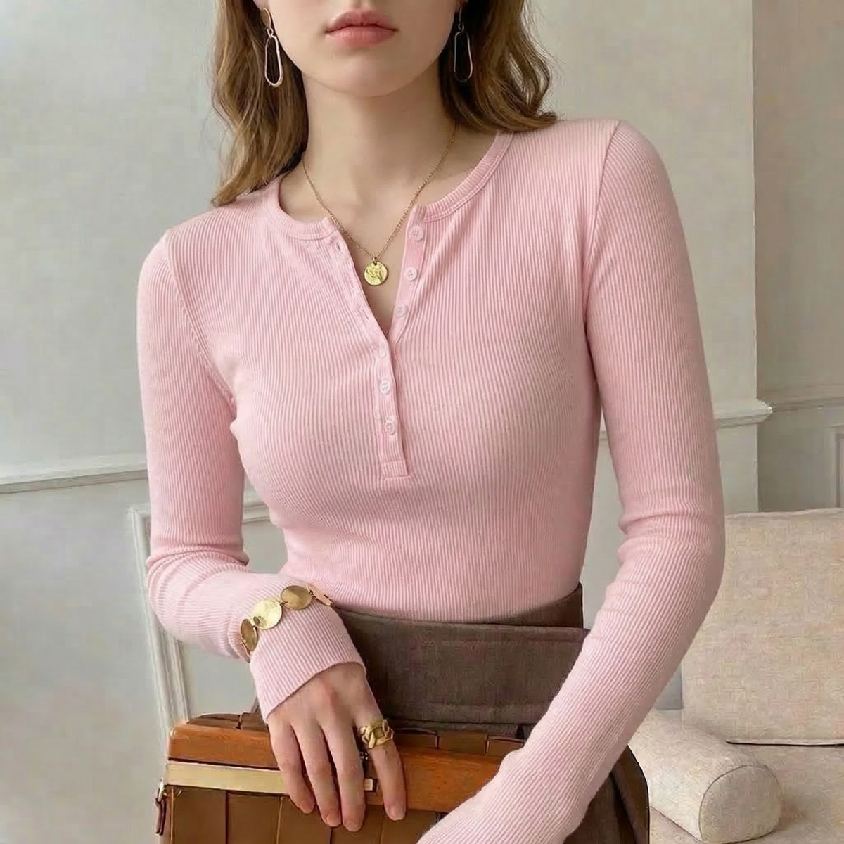 Prążkowany Top Henley