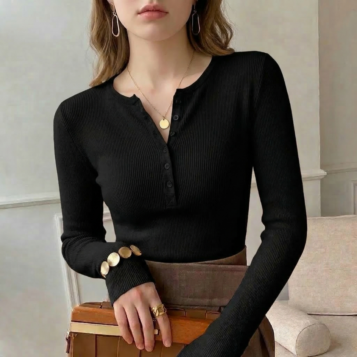 Prążkowany Top Henley