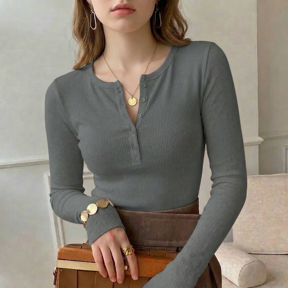 Prążkowany Top Henley