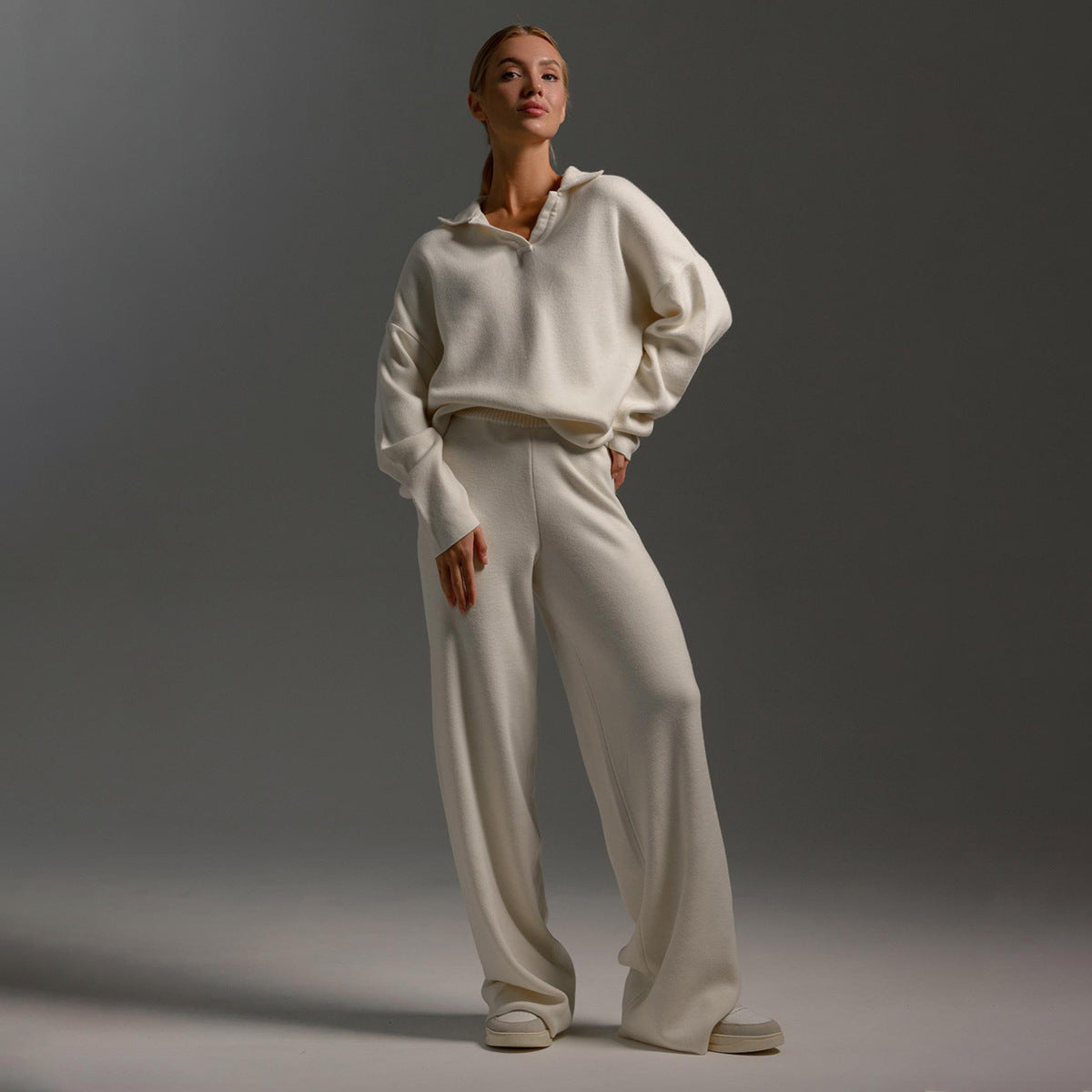 Dres z Oversize Swetrem Polo i Szerokimi Spodniami