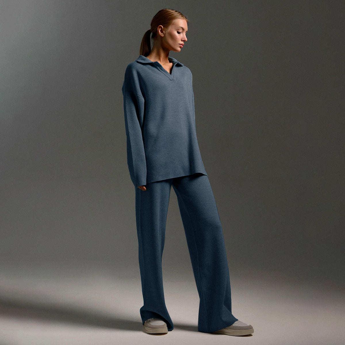 Dres z Oversize Swetrem Polo i Szerokimi Spodniami