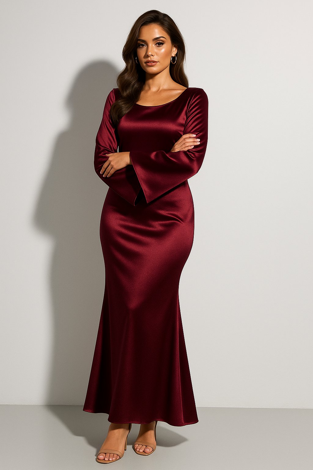 Elegancka Sukienka Maxi Fishtail z Długim Rękawem