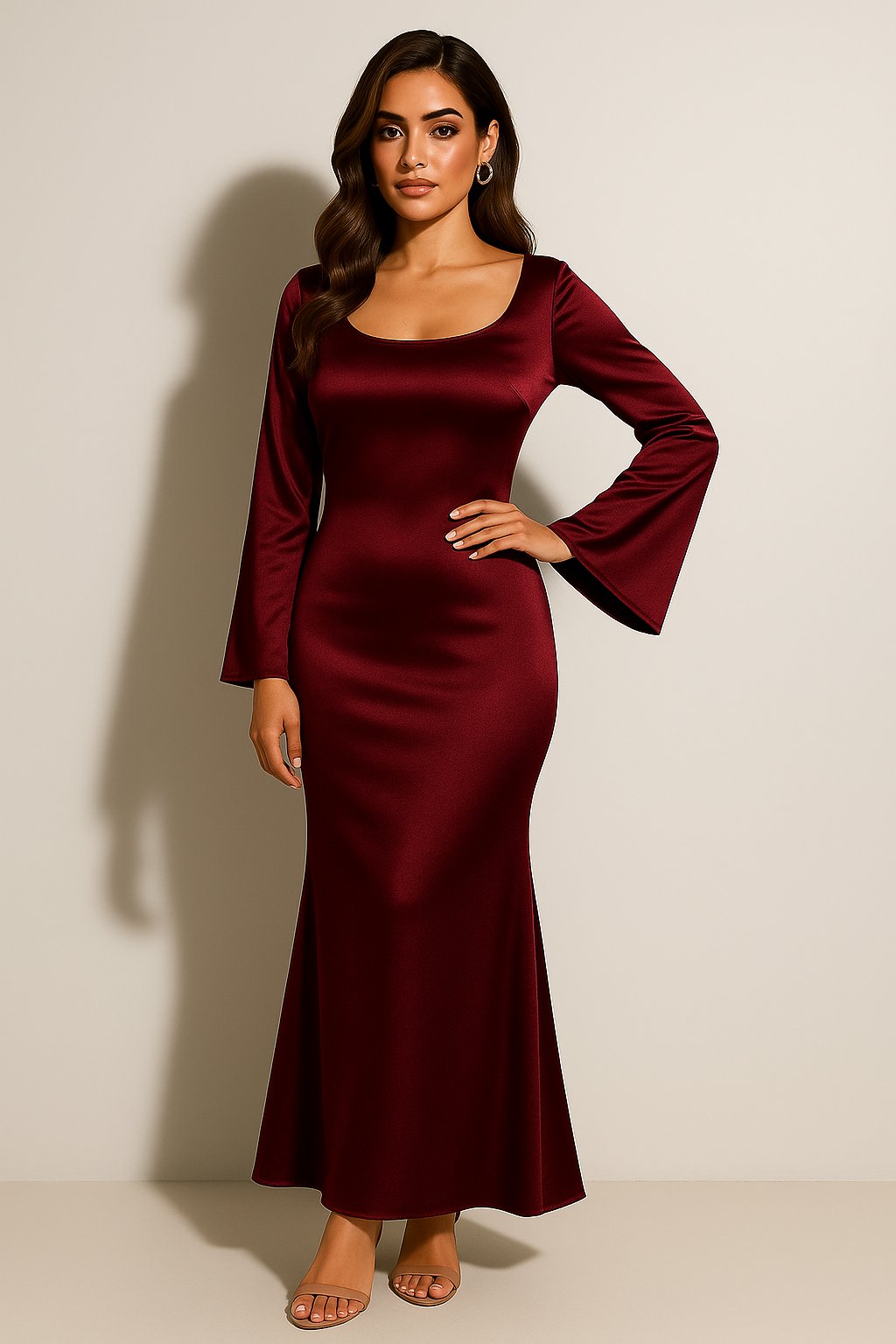 Elegancka Sukienka Maxi Fishtail z Długim Rękawem