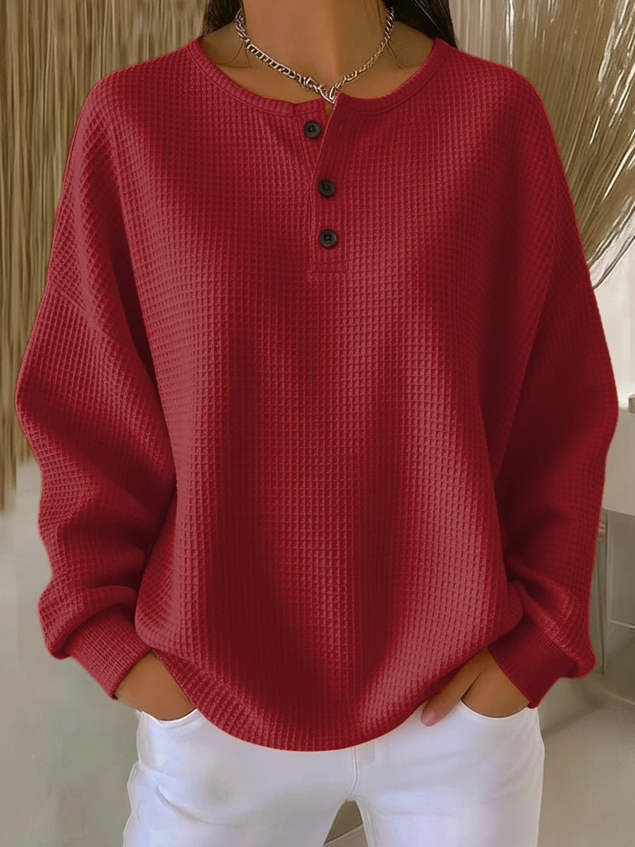 Sweter Henley o Splocie Waflowym z Długim Rękawem